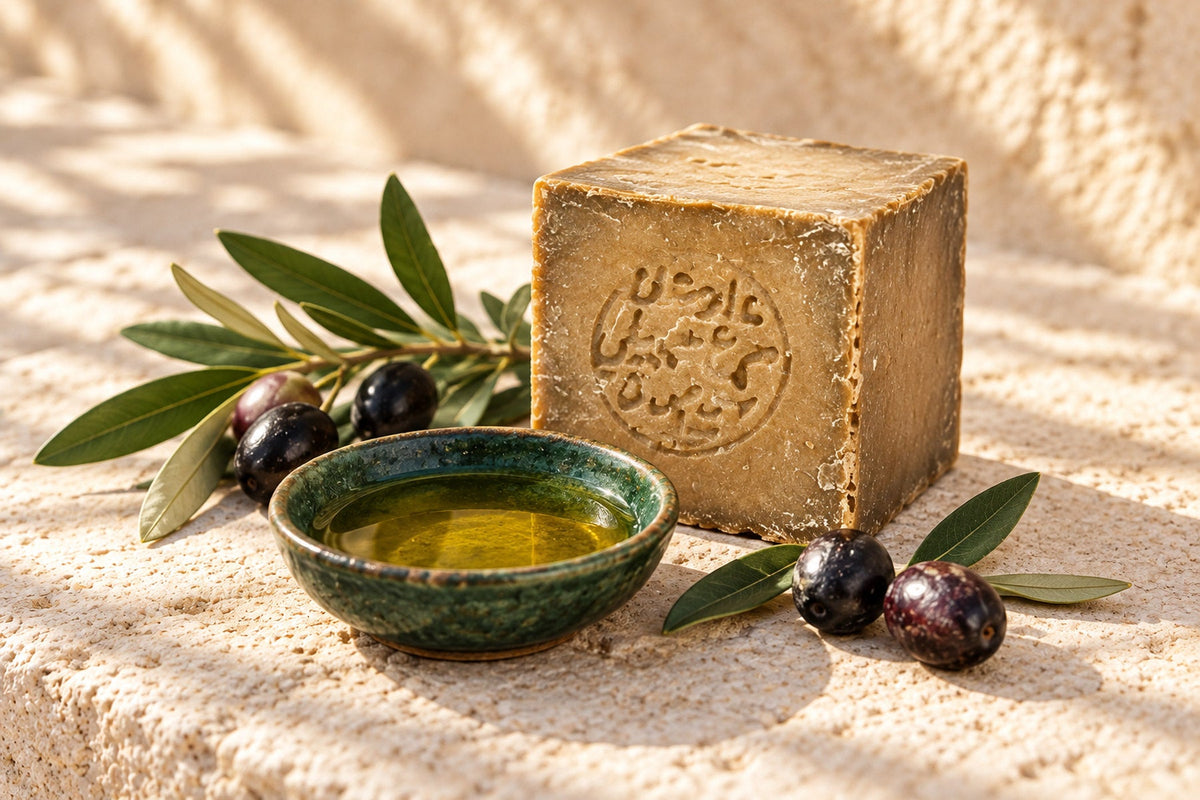 A halved bar of Aleppo soap with a green interior next to a whole stamped bar and olive leaves