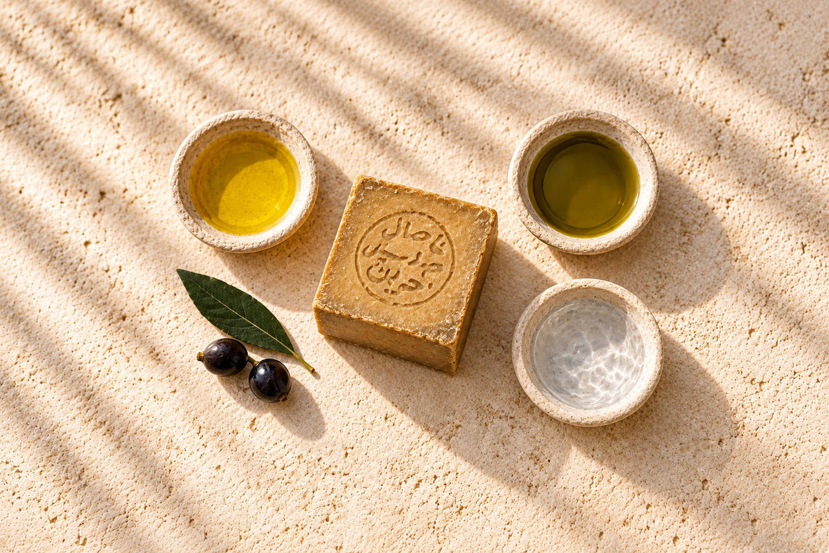 A halved bar of Aleppo soap showing a green interior next to a whole stamped bar
