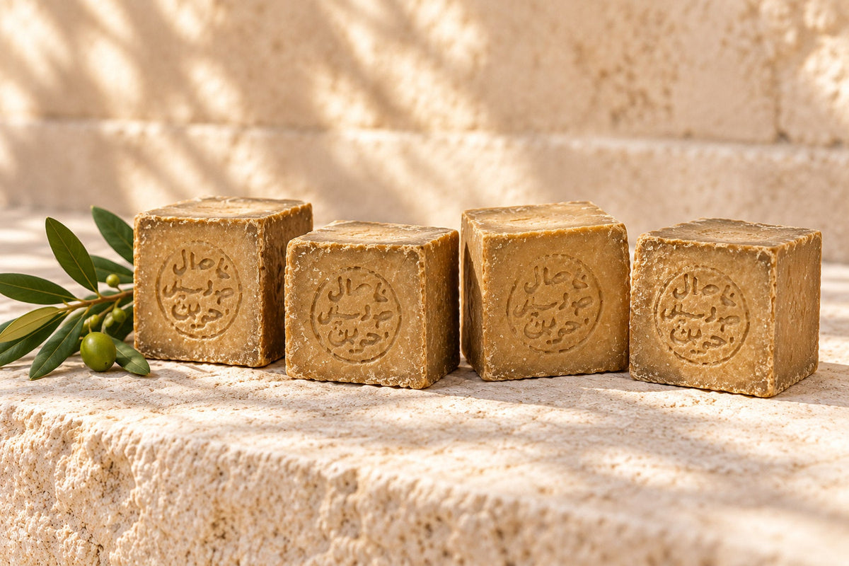A cured bar of Aleppo soap with a pressed maker's stamp beside two olive leaves