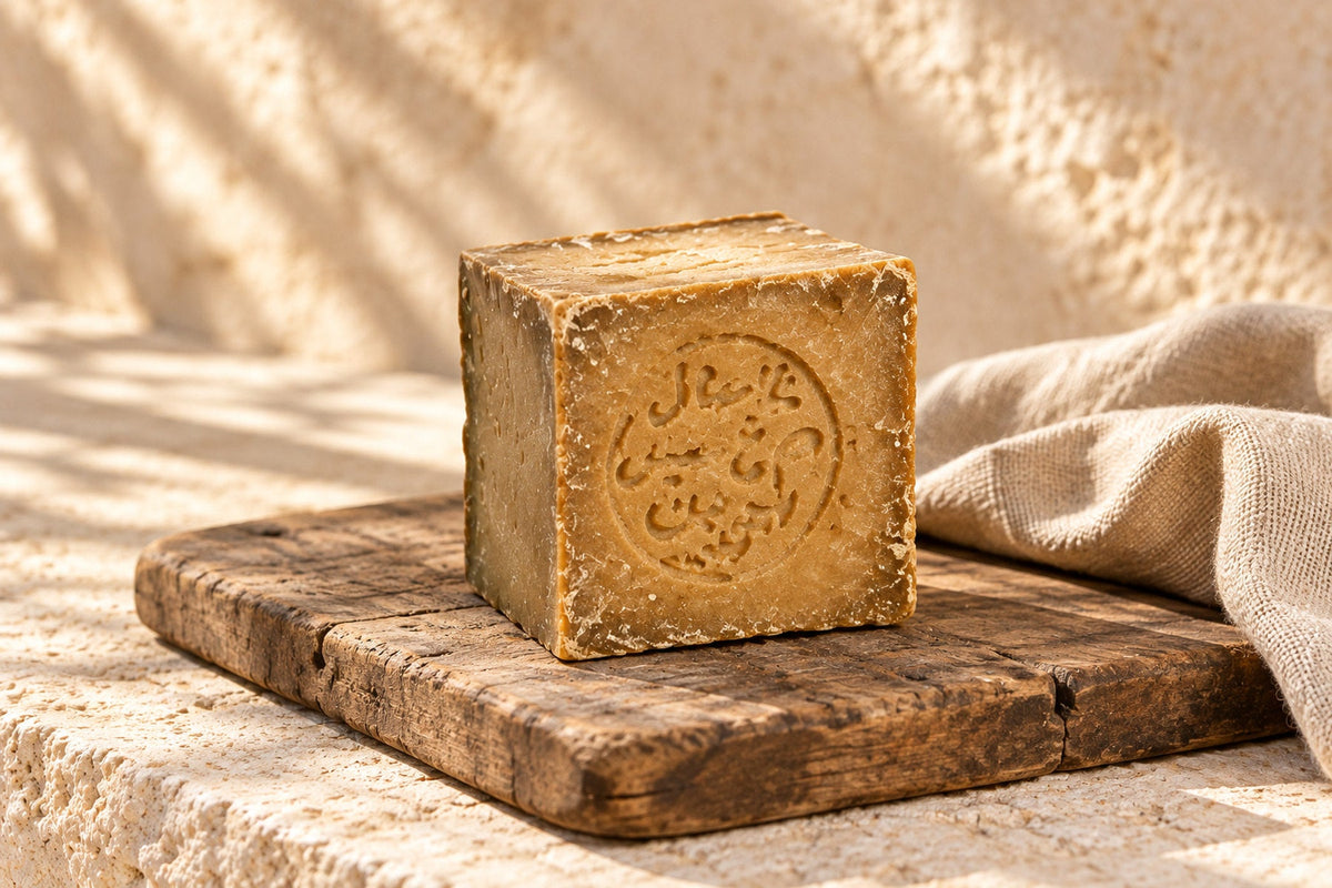 A whole bar of Aleppo soap with a hand-pressed stamp