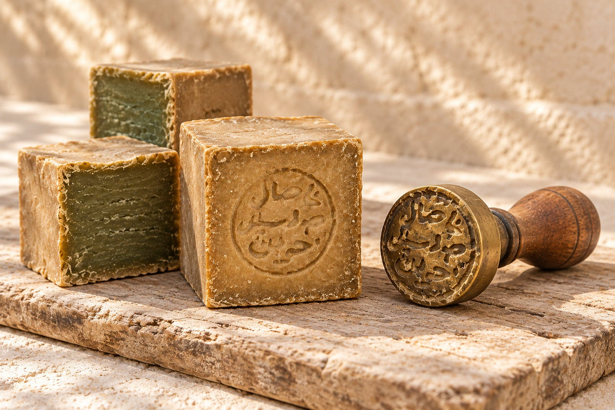 Close-up of the hand stamp on a bar of Aleppo soap