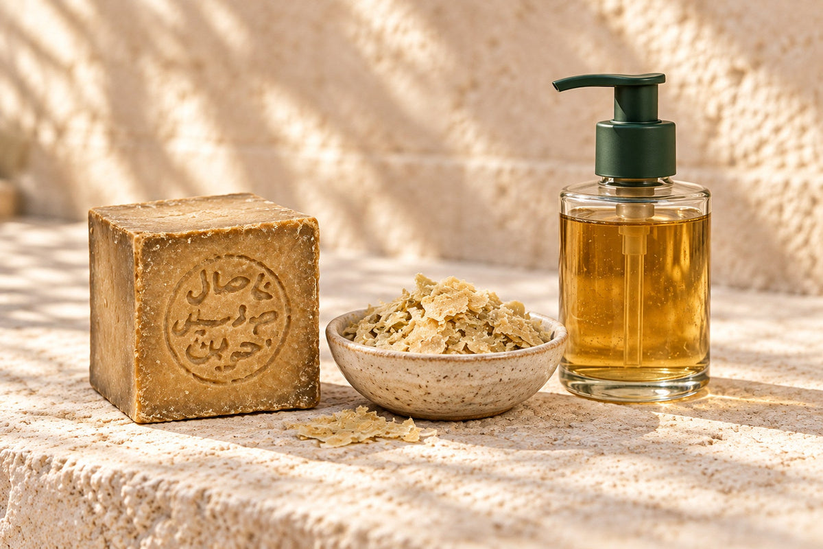 Close-up of the stamp on a hard bar of Aleppo soap