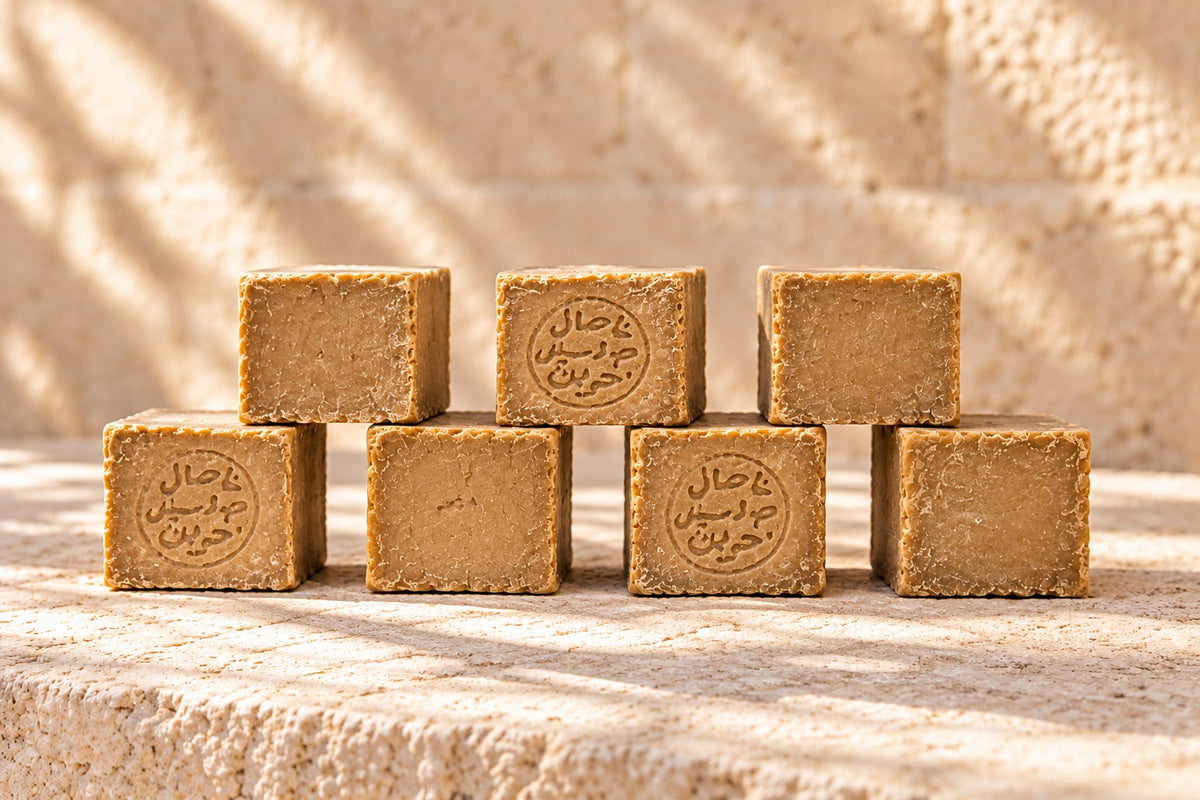 A cut bar of Aleppo soap showing a green core under a tan crust