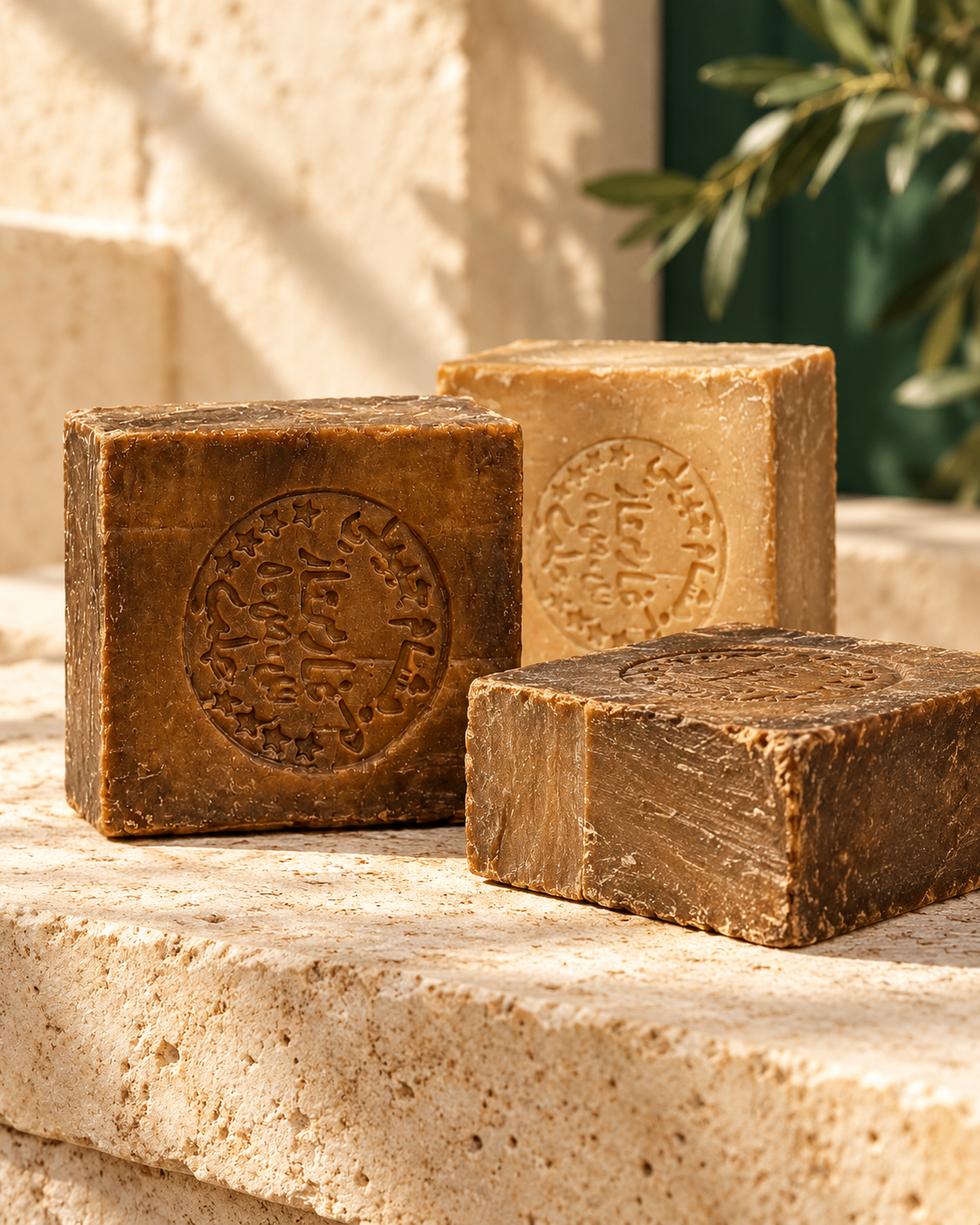 Three ALEPO Aleppo soap bars in warm light on a limestone ledge