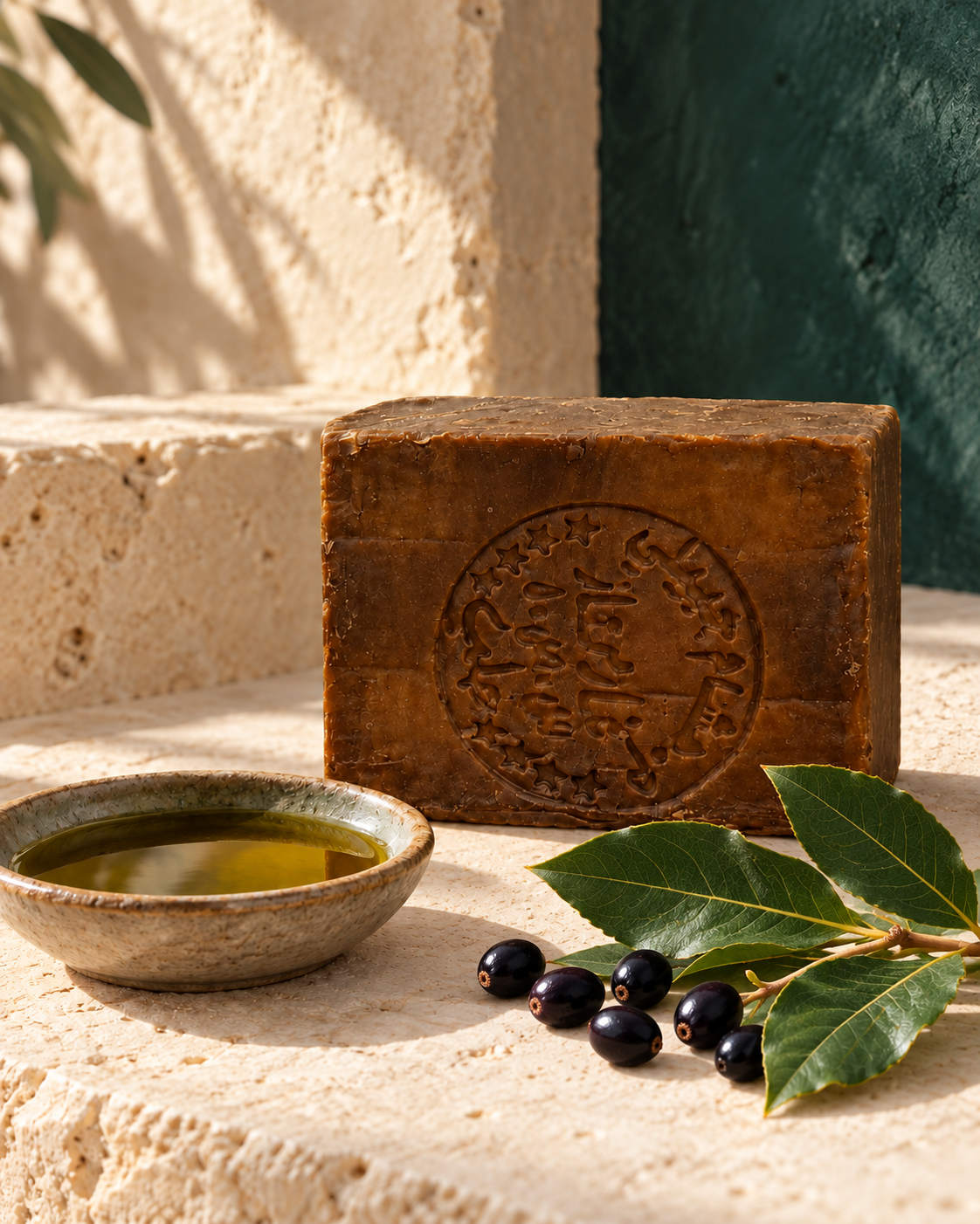Laurel Aleppo soap beside a dish of laurel berry oil, bay leaves and berries