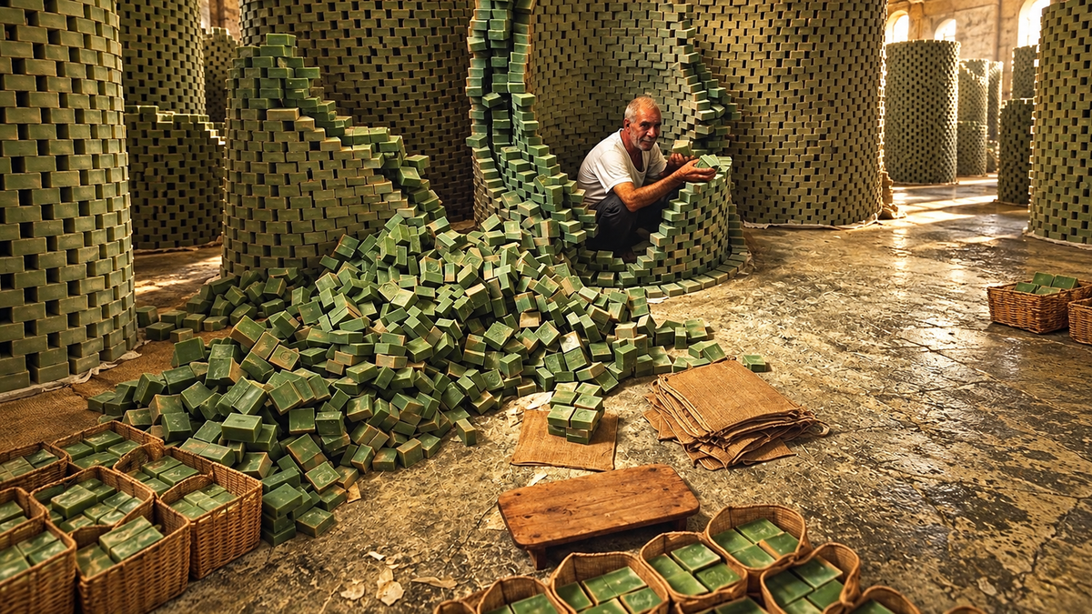 A soap maker among towers of Aleppo soap stacked to dry in Aleppo, Syria